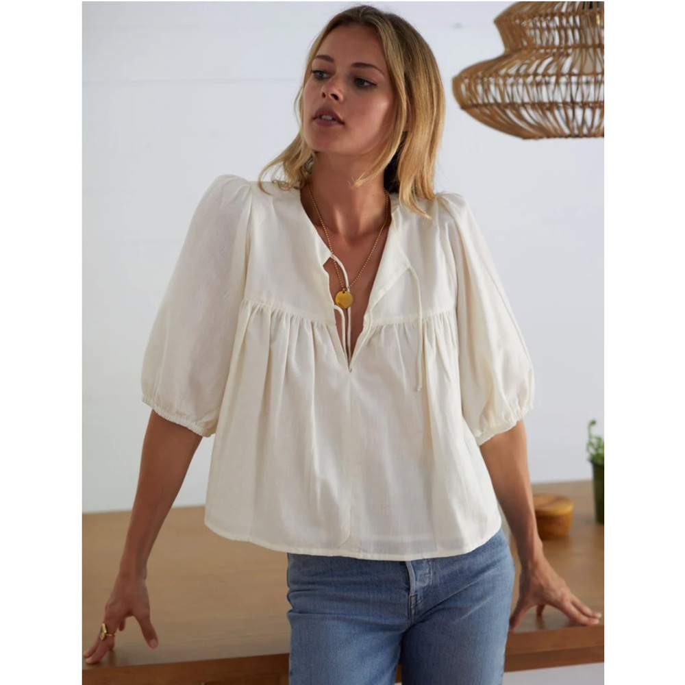 Emerson Fry India Collection Puff Isla Top Ivory Organic Cotton M/L